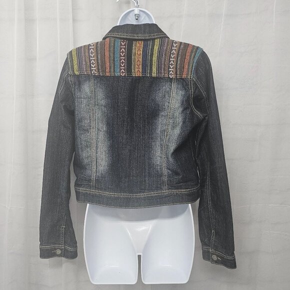 Hot Kiss Blue Denim Aztec Tapestry Jean Jacket Bohemian Southwestern Cropped L - Picture 7 of 11